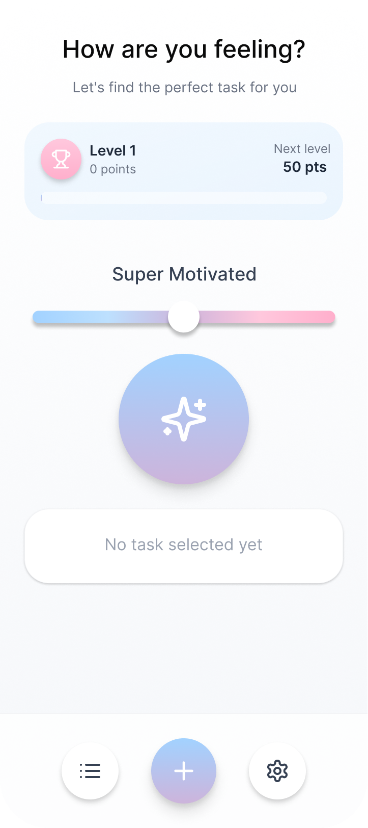 Lullio app showing mood-based task scheduling