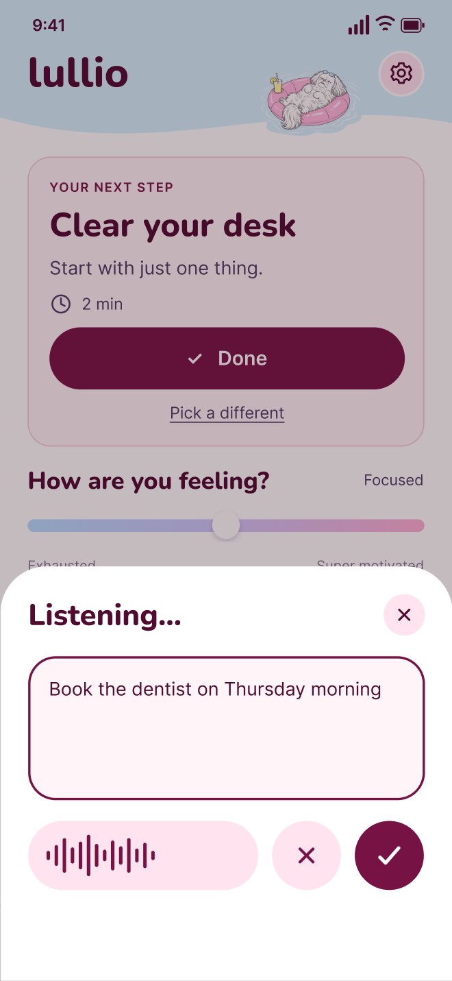 Adding a task by voice: “Book the dentist on Thursday morning”.